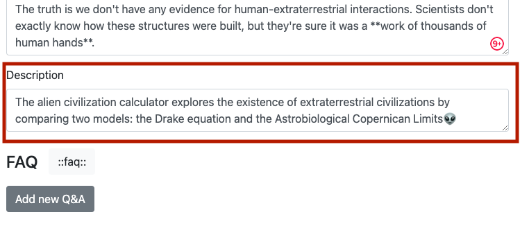 shows the location of the calculator description, just below the main text box