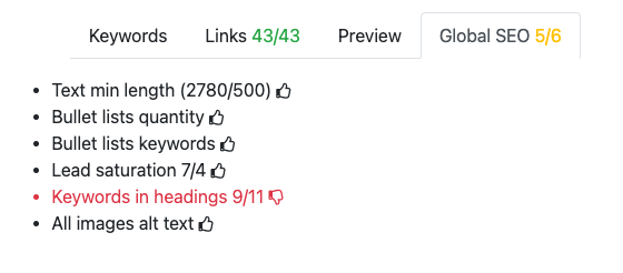 example of the Global SEO tab