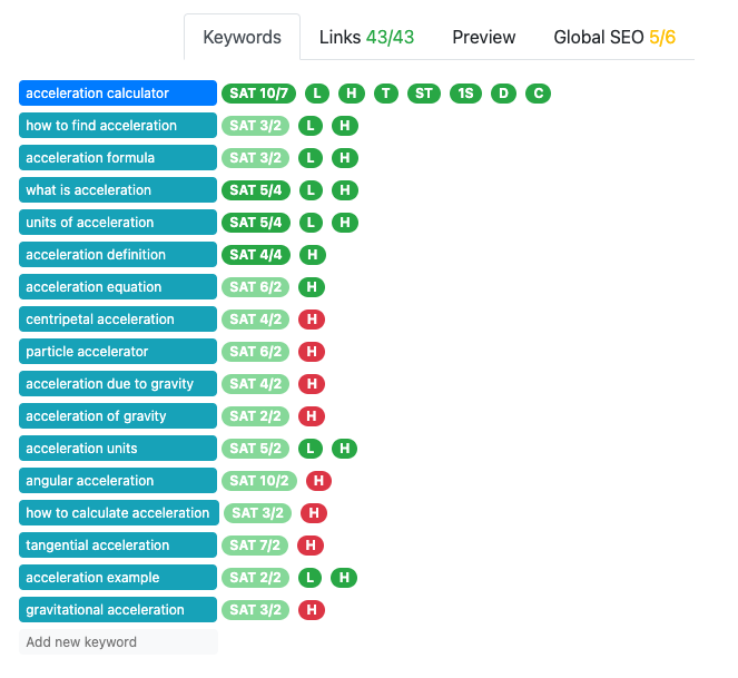 example of the keywords tab on the text editor page