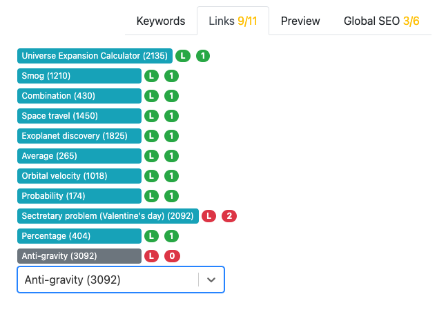 example of the SEO checker links tab
