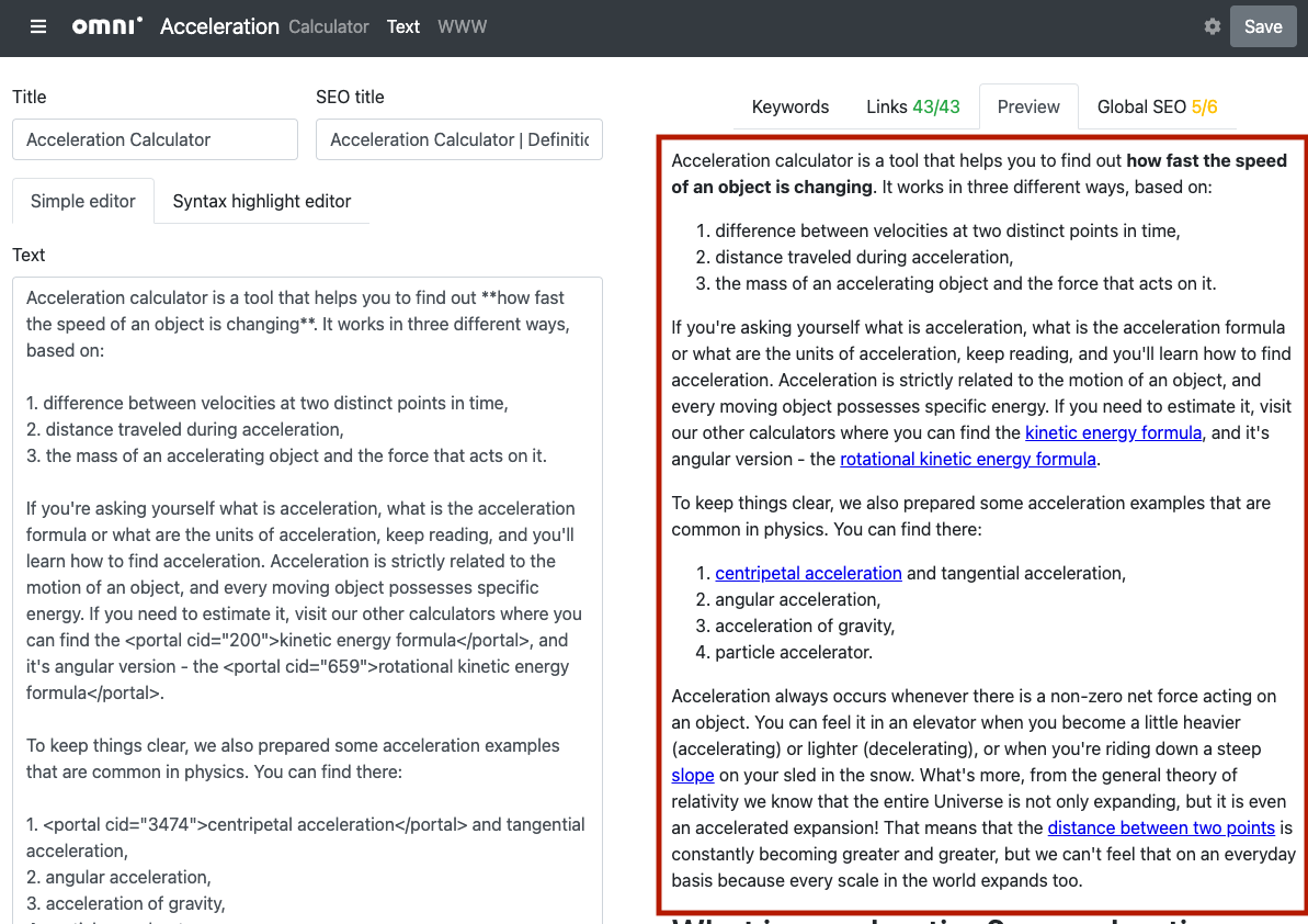 example of the preview section of the edit calculator text page