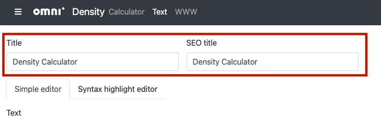 example of the calculator title and SEO title at the top of the edit text page