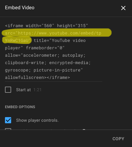 example of the URL to use from a YouTube video when embedding